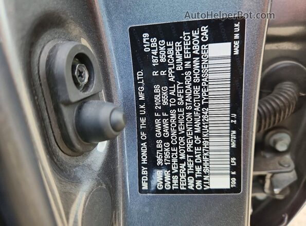 SHHFK7H91KU412642 2019 HONDA CIVIC Gray Вид підкапотного простору