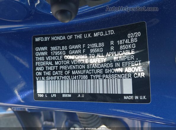 SHHFK7H92LU417088 2020 HONDA CIVIC Blue Vista del compartimento del motor