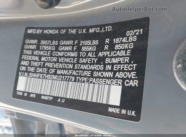SHHFK7H92MU217779 2021 HONDA CIVIC Gray Engine compartment view