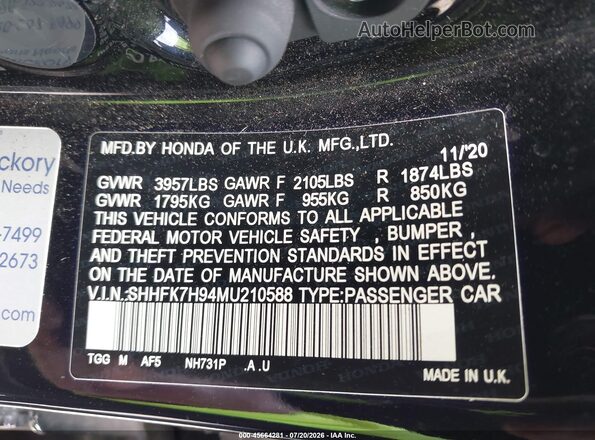 SHHFK7H94MU210588 2021 HONDA CIVIC Black Engine compartment view