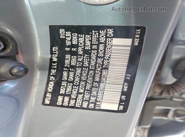 SHHFK7H98LU412865 2020 HONDA CIVIC Gray Вид наклейки з VIN-кодом