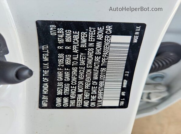 SHHFK7H99LU201156 2020 HONDA CIVIC White Vista del compartimento del motor