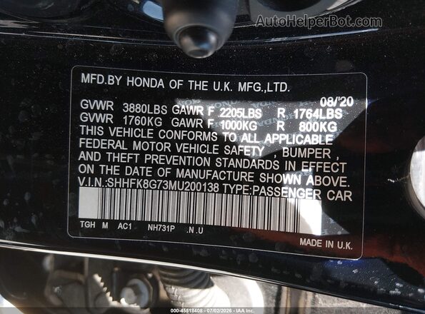 SHHFK8G73MU200138 2021 HONDA CIVIC Black ძრავის განყოფილების ხედი