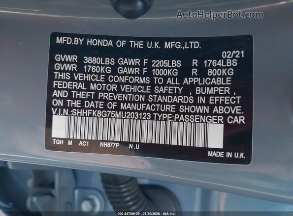 SHHFK8G75MU203123 2021 HONDA CIVIC Gray Շարժիչի բաժամունքի տեսք