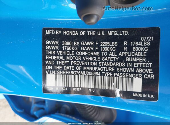 SHHFK8G76MU205964 2021 HONDA CIVIC Blue Engine compartment view