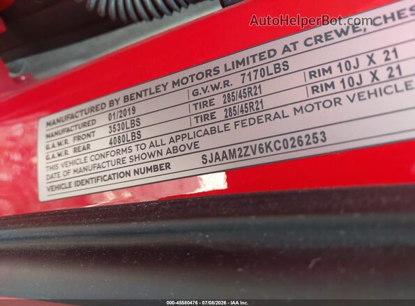 SJAAM2ZV6KC026253 2019 BENTLEY BENTAYGA Red Вид підкапотного простору