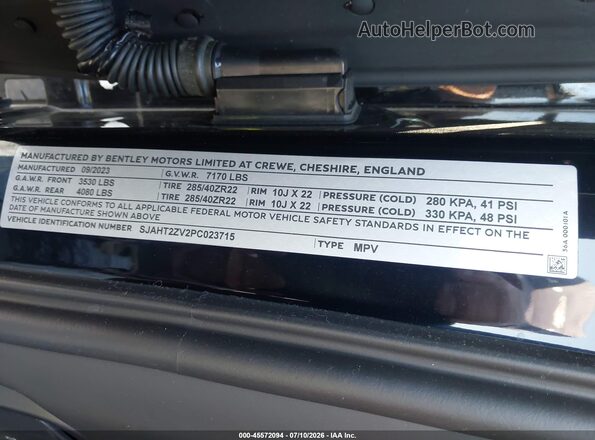 SJAHT2ZV2PC023715 2023 BENTLEY BENTAYGA Black Engine compartment view