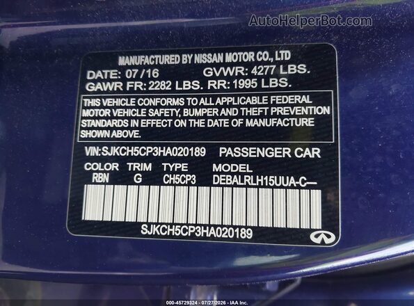SJKCH5CP3HA020189 2017 INFINITI QX30 Blue Engine compartment view