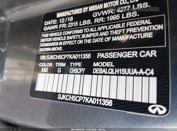 SJKCH5CP7KA011356 2019 INFINITI QX30 Gray Շարժիչի բաժամունքի տեսք