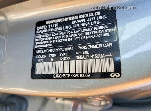 SJKCH5CPXKA010069 2019 INFINITI QX30 Silver VIN კოდის სტიკერის ხედი