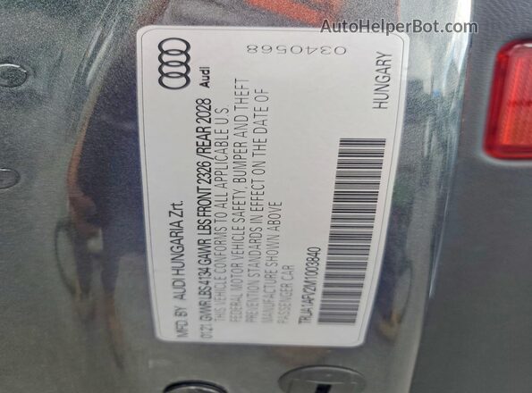 TRUA1AFV2M1003840 2021 AUDI TT Gray Вид наклейки з VIN-кодом