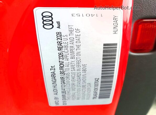 TRUAEAFV3K1007042 2019 AUDI TT Red Widok naklejki z numerem VIN