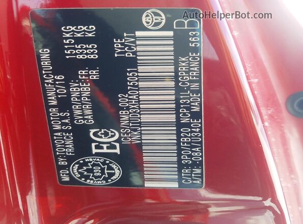 VNKJTUD3XHA075051 2017 TOYOTA YARIS Красный Вид подкапотного пространства