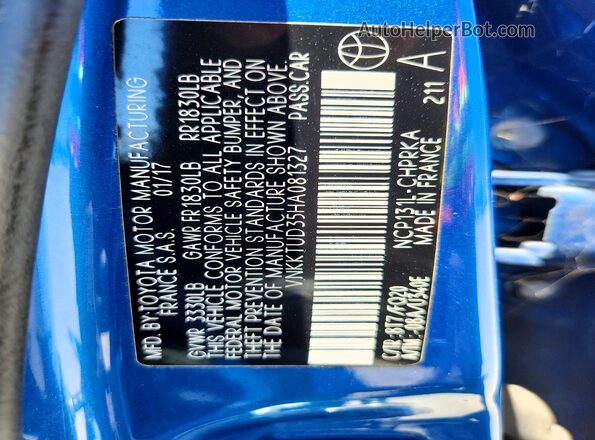 VNKKTUD35HA081327 2017 TOYOTA YARIS Blue Widok naklejki z numerem VIN