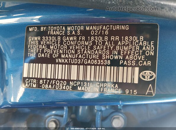 VNKKTUD37GA063538 2016 TOYOTA YARIS Blue ძრავის განყოფილების ხედი