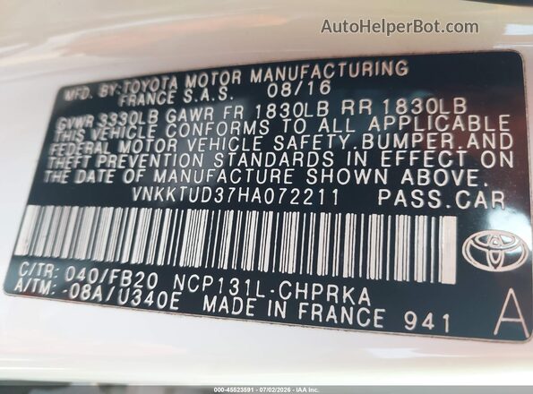 VNKKTUD37HA072211 2017 TOYOTA YARIS Белый Вид подкапотного пространства