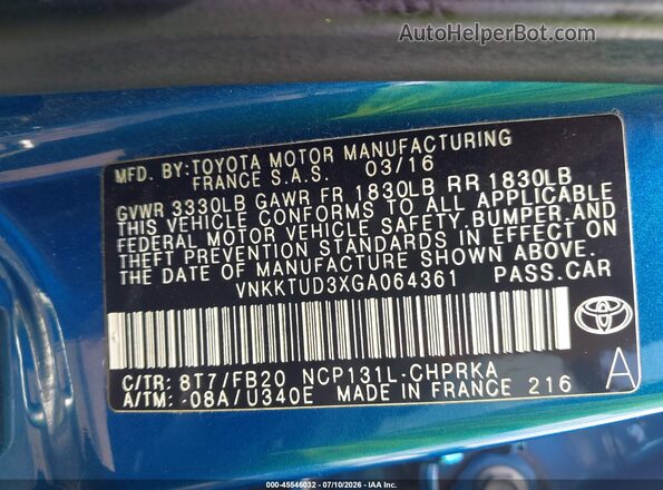 VNKKTUD3XGA064361 2016 TOYOTA YARIS Blue Vista del compartimento del motor