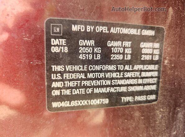 W04GL6SXXK1004759 2019 BUICK REGAL Maroon Vista del compartimento del motor