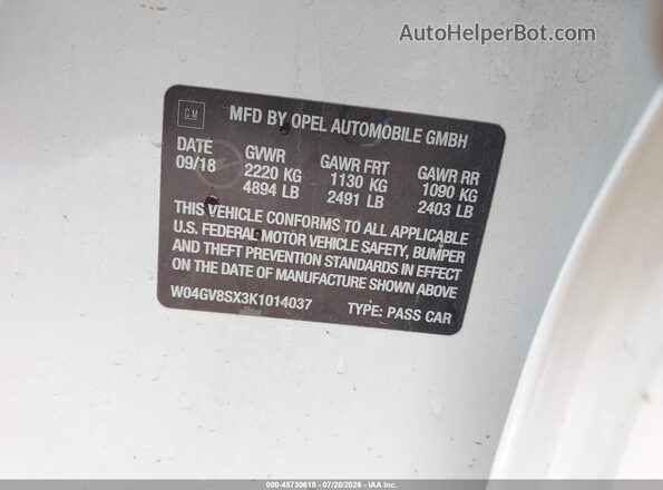 W04GV8SX3K1014037 2019 BUICK REGAL White ძრავის განყოფილების ხედი