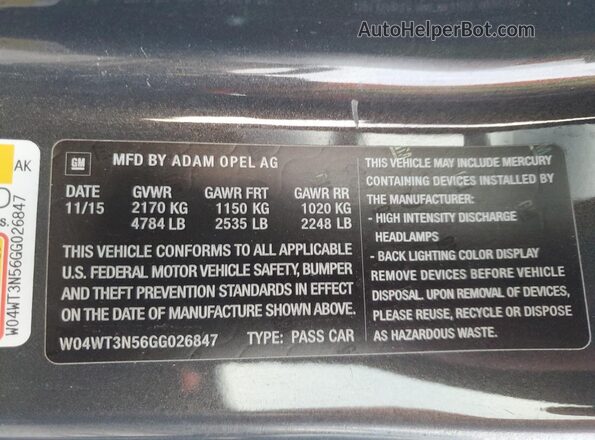 W04WT3N56GG026847 2016 BUICK CASCADA Gray Вид наклейки з VIN-кодом