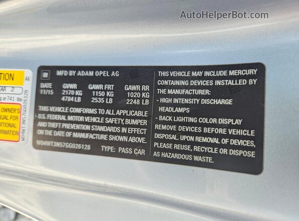 W04WT3N57GG026128 2016 BUICK CASCADA Silver VIN კოდის სტიკერის ხედი
