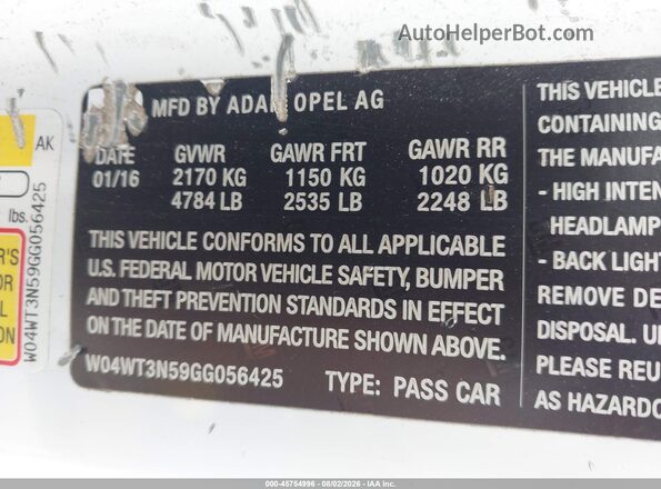 W04WT3N59GG056425 2016 BUICK CASCADA White Вид підкапотного простору