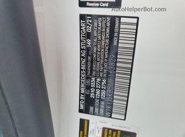 W1K1J5KB5MF163829 2021 MERCEDES-BENZ E White Widok naklejki z numerem VIN