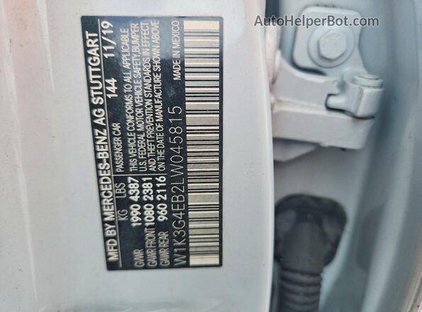 W1K3G4EB2LW045815 2020 MERCEDES-BENZ A White VIN კოდის სტიკერის ხედი