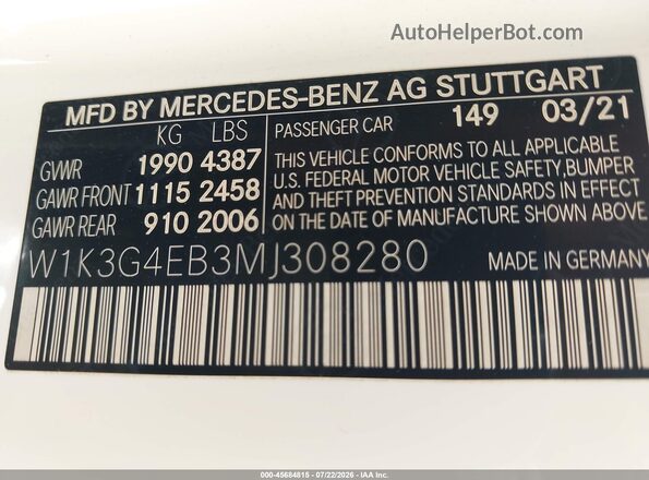 W1K3G4EB3MJ308280 2021 MERCEDES-BENZ A 220 Белый Вид подкапотного пространства
