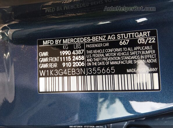 W1K3G4EB3NJ355665 2022 MERCEDES-BENZ A 220 Blue ძრავის განყოფილების ხედი