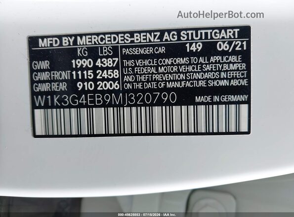 W1K3G4EB9MJ320790 2021 MERCEDES-BENZ A 220 White Vista del compartimento del motor