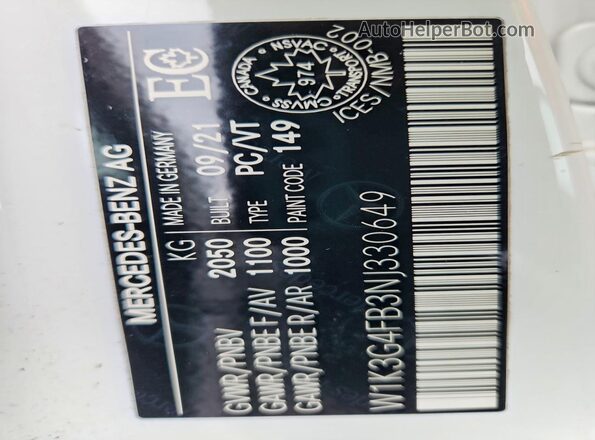 W1K3G4FB3NJ330649 2022 MERCEDES-BENZ A White VIN կոդի պիտակի տեսք