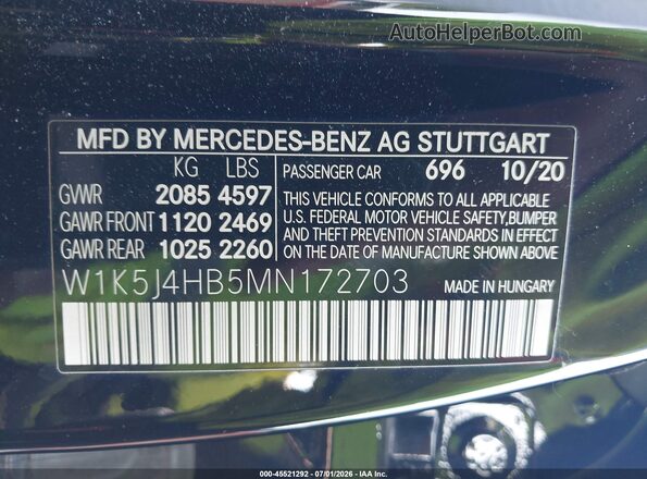 W1K5J4HB5MN172703 2021 MERCEDES-BENZ CLA 250 Black Շարժիչի բաժամունքի տեսք