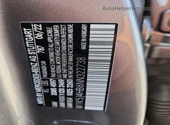 W1K5J4HB6NN322738 2022 MERCEDES-BENZ CLA-CLASS Gray Вид наклейки з VIN-кодом