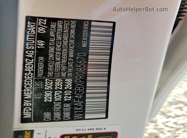 W1KAF4GBXPR085670 2023 MERCEDES-BENZ C White Vista de la etiqueta del VIN