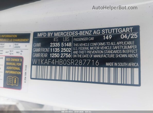 W1KAF4HB0SR287716 2025 MERCEDES-BENZ C-CLASS White Вид підкапотного простору