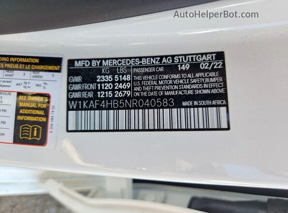 W1KAF4HB5NR040583 2022 MERCEDES-BENZ C White VIN կոդի պիտակի տեսք