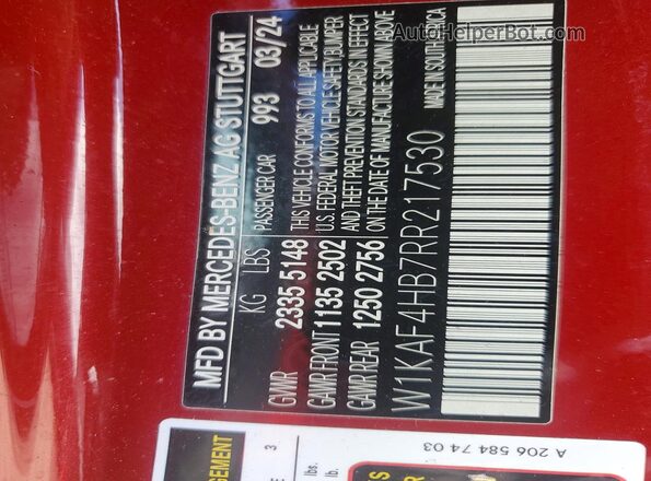W1KAF4HB7RR217530 2024 MERCEDES-BENZ C Red VIN կոդի պիտակի տեսք