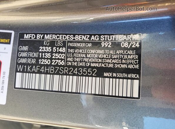W1KAF4HB7SR243552 2025 MERCEDES-BENZ C Gray Вид наклейки з VIN-кодом