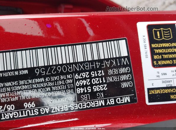 W1KAF4HBXNR062756 2022 MERCEDES-BENZ C-CLASS Red Widok naklejki z numerem VIN