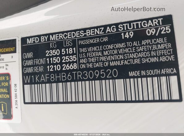 W1KAF8HB6TR309520 2026 MERCEDES-BENZ AMG C 43 White Vista del compartimento del motor