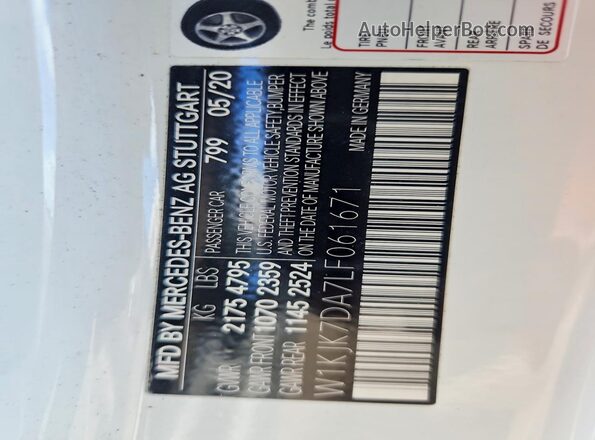 W1KJK7DA7LF061671 2020 MERCEDES-BENZ SL White Widok naklejki z numerem VIN