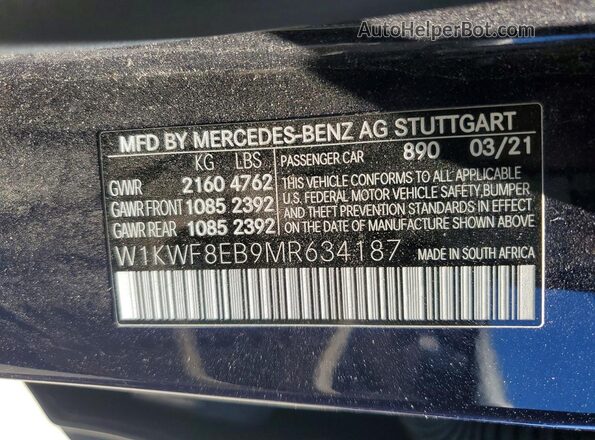 W1KWF8EB9MR634187 2021 MERCEDES-BENZ C Blue Vista de la etiqueta del VIN