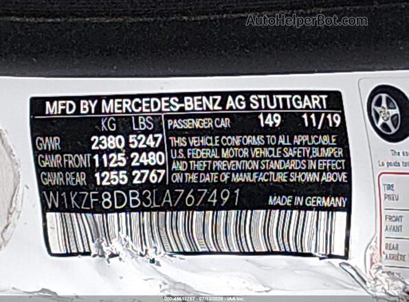 W1KZF8DB3LA767491 2020 MERCEDES-BENZ E-CLASS White Widok komory silnika