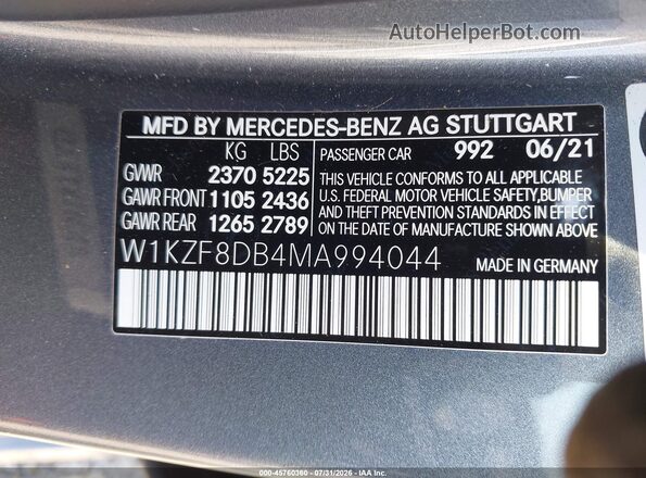 W1KZF8DB4MA994044 2021 MERCEDES-BENZ E-CLASS Gray Вид підкапотного простору