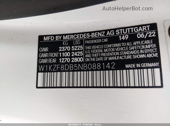 W1KZF8DB5NB088142 2022 MERCEDES-BENZ E-CLASS White Շարժիչի բաժամունքի տեսք