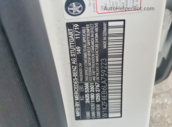 W1KZF8EB6LA759223 2020 MERCEDES-BENZ E White Vista de la etiqueta del VIN