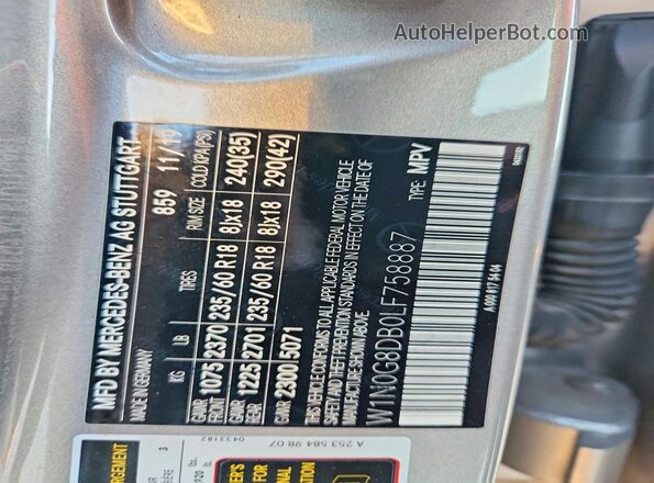 W1N0G8DB0LF758887 2020 MERCEDES-BENZ GLC-CLASS Серебряный Панорамный вид салона 360°