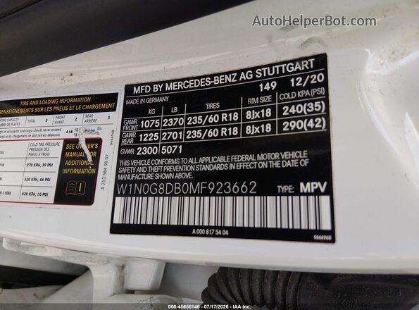 W1N0G8DB0MF923662 2021 MERCEDES-BENZ GLC 300 White Շարժիչի բաժամունքի տեսք