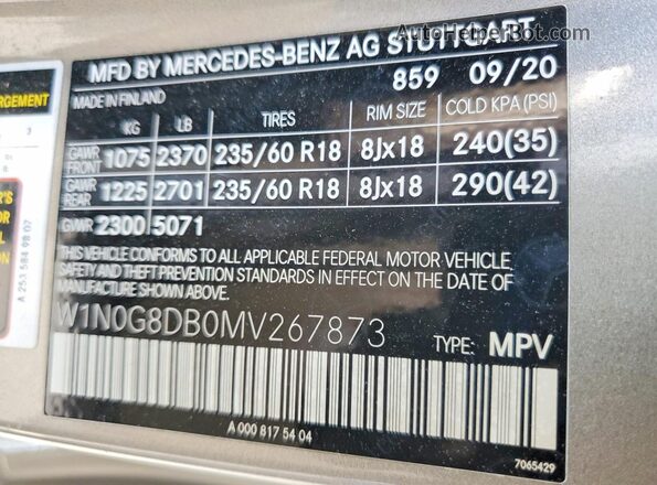 W1N0G8DB0MV267873 2021 MERCEDES-BENZ GLC-CLASS Silver VIN կոդի պիտակի տեսք